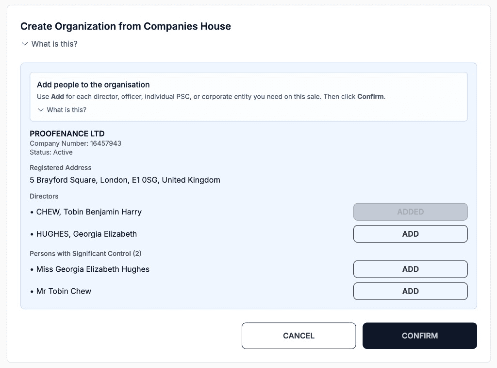 Add people to the organisation step with Add buttons for directors and persons with significant control and Confirm