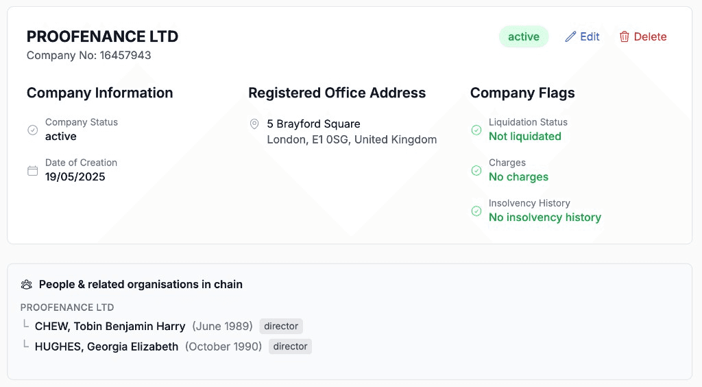 Organisation profile for Proofenance Ltd showing company information, registered address, flags, and directors in chain