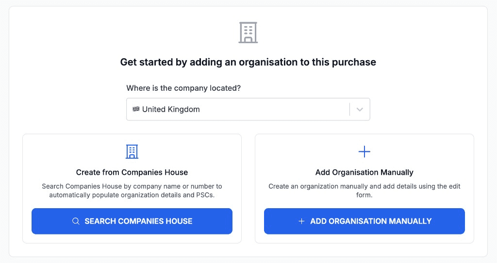 Customer tab prompting to add an organisation with United Kingdom location, Companies House search, or manual add