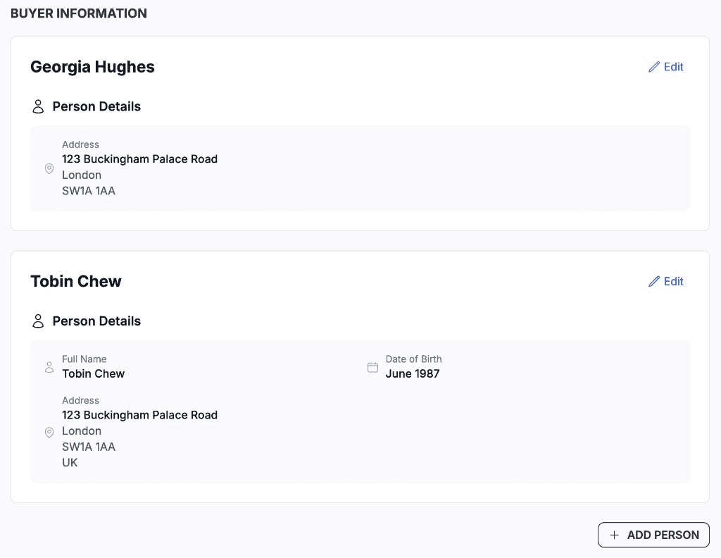Customer tab showing Buyer Information for two private individuals with person details and add person control