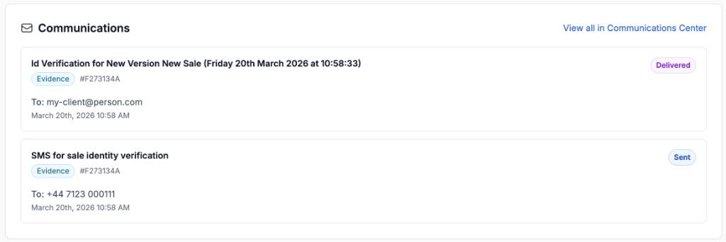 Communications list on evidence showing identity verification email delivered and SMS sent