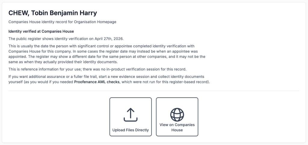 Companies House identity record showing verification date, register reference text, and View on Companies House link