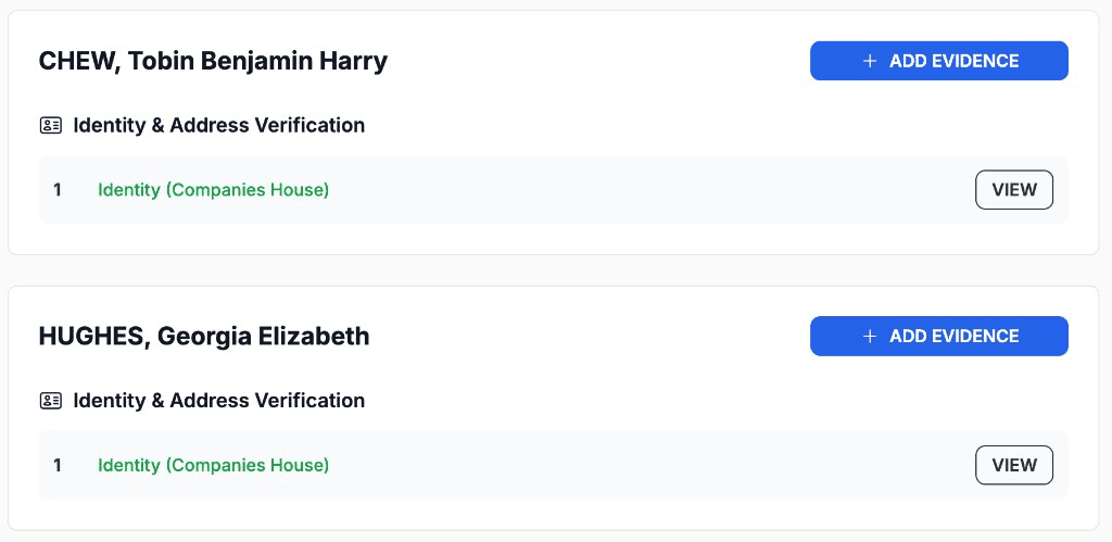 Identity tab showing directors with Identity Companies House status confirmed and add evidence controls
