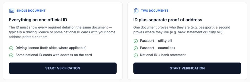 In-person identity flow offering single document or ID plus proof of address paths