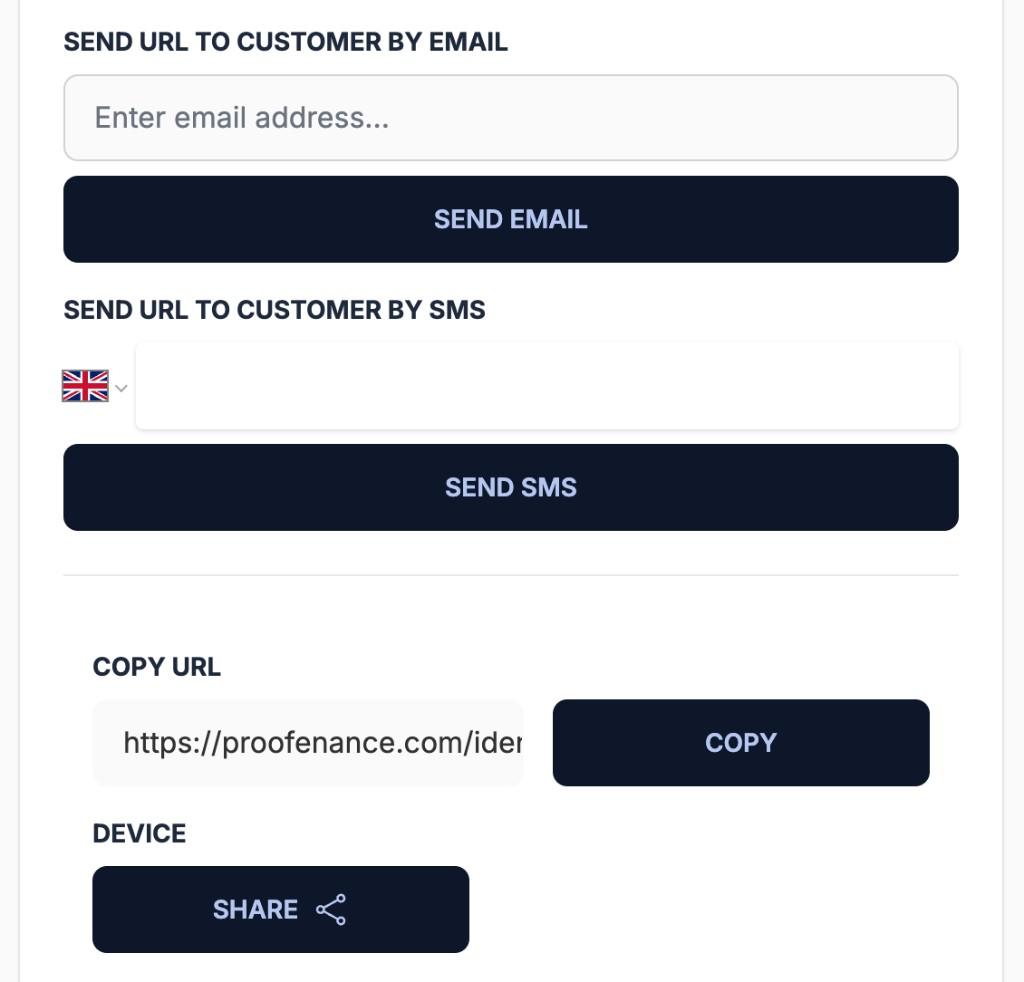 Send to Customer screen with send by email, send by SMS, copy URL, and device share options