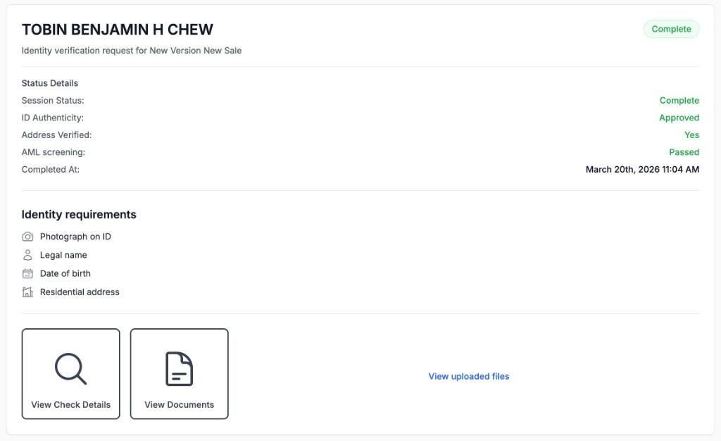 Complete identity verification result showing status details, requirements met, and view check details controls