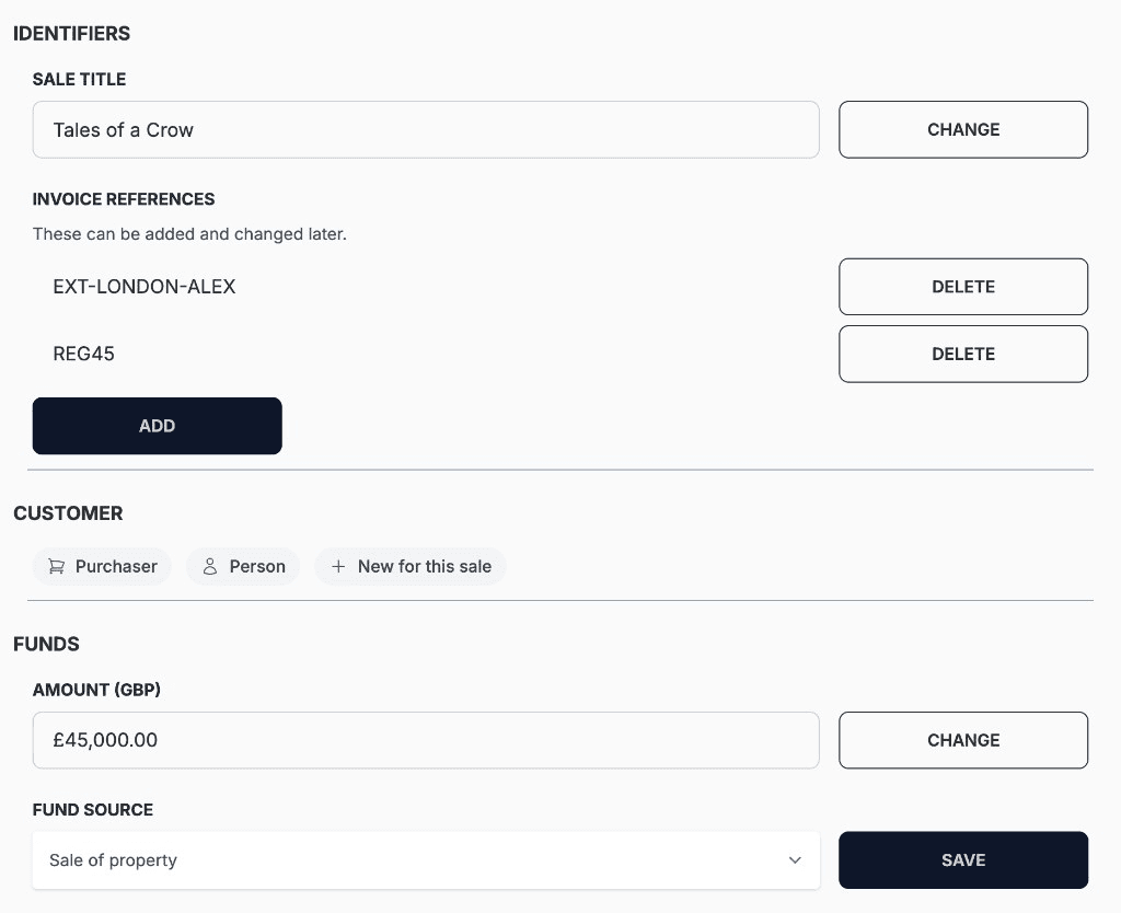 Sale Details tab showing sale title, invoice references, purchaser role, amount, and fund source
