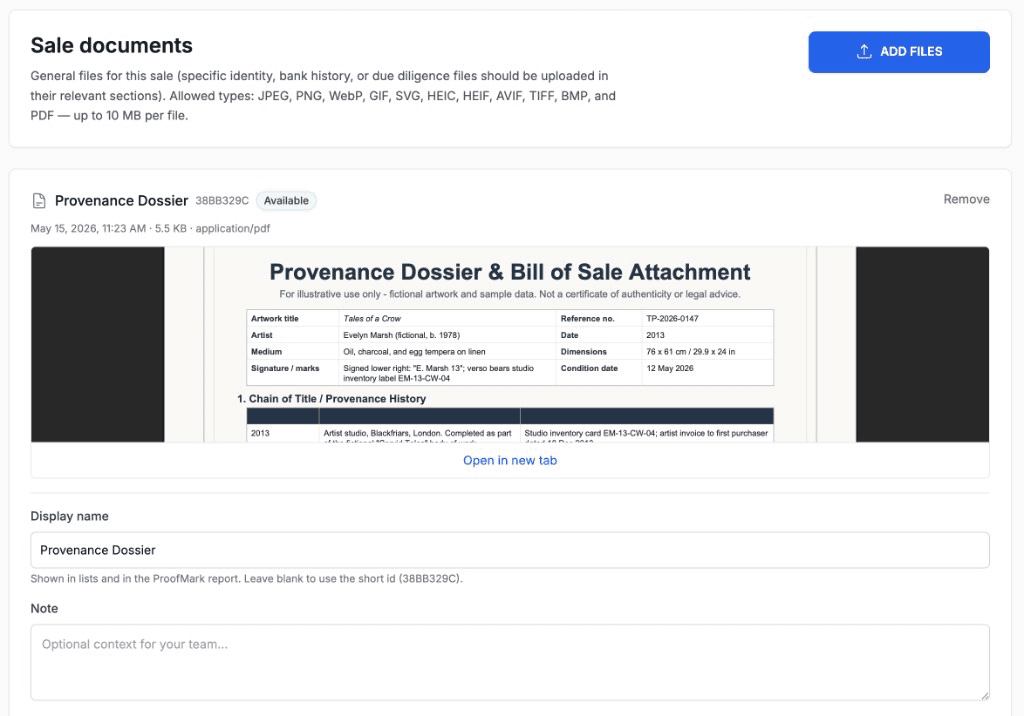 Sale documents section with uploaded Provenance Dossier PDF preview and team notes