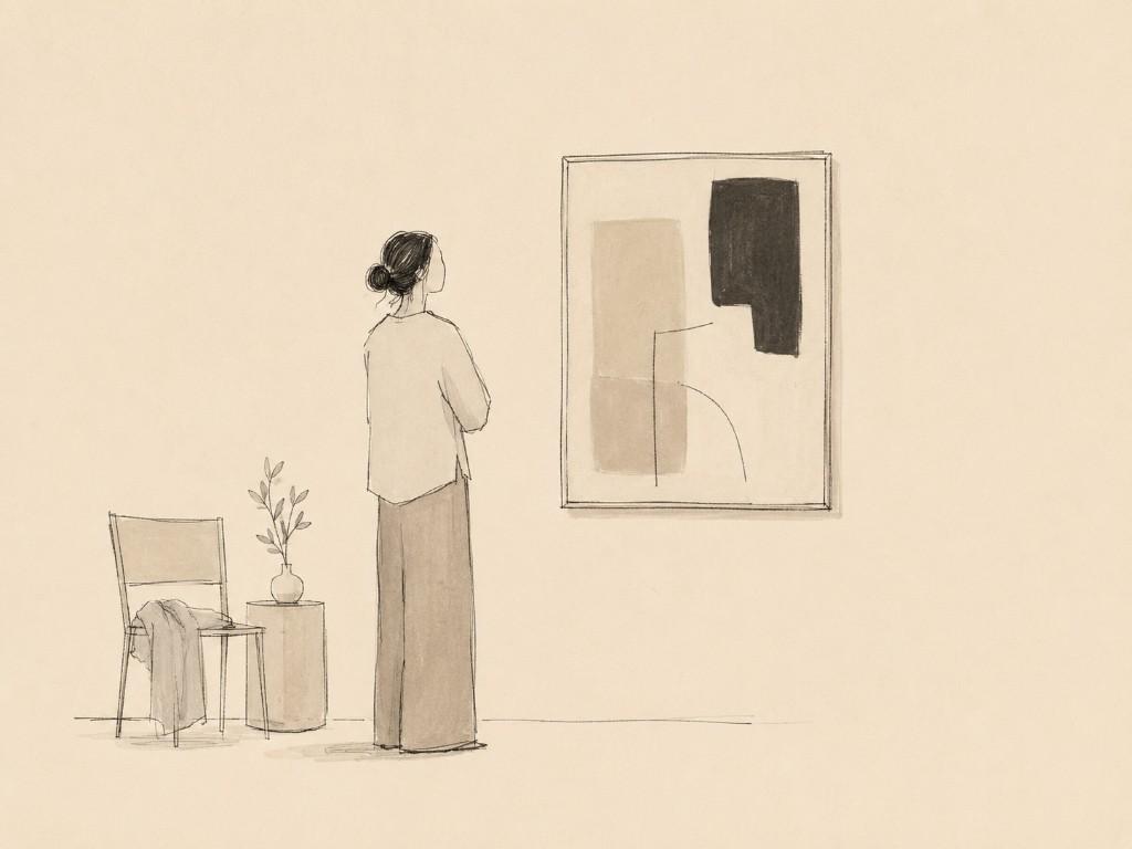 Sketch of a collector viewing abstract art at home