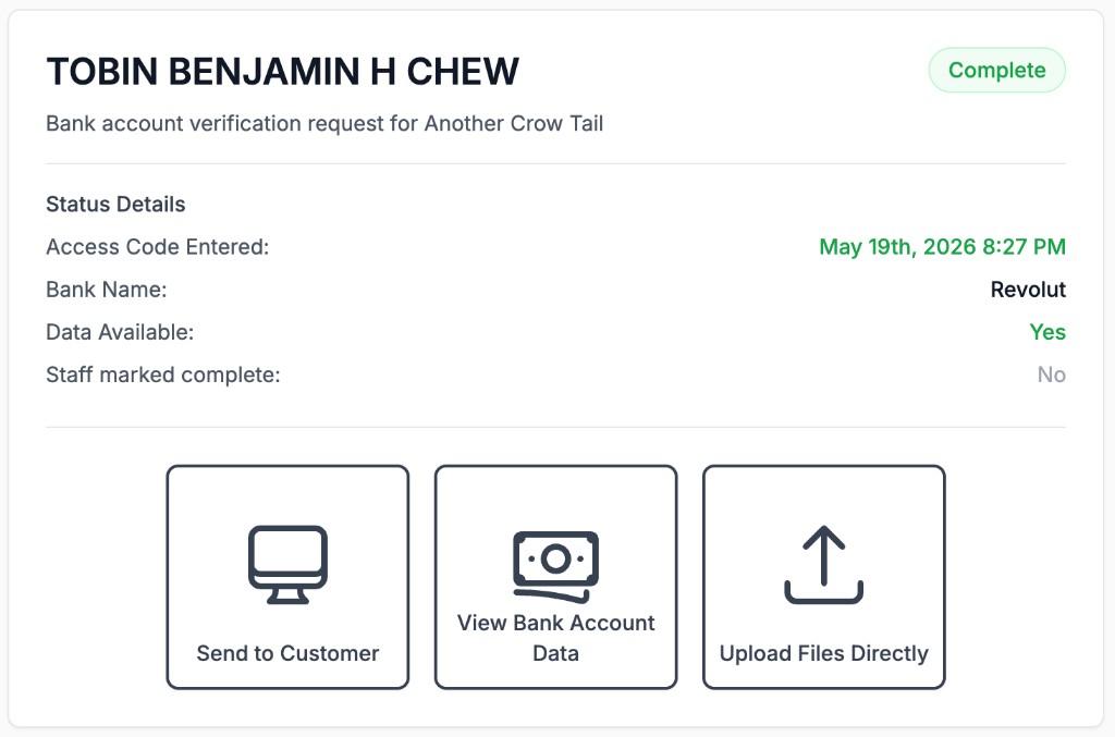 Bank account verification card showing Complete status, Revolut bank name, data available, and Send to Customer, View Bank Account Data, and Upload Files actions
