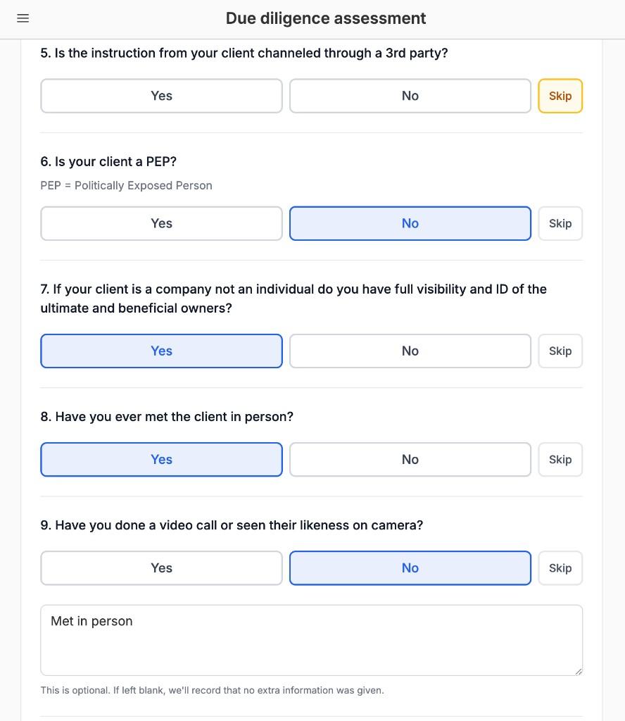 Due diligence assessment form showing numbered questions with Yes, No, and Skip buttons and optional detail text area