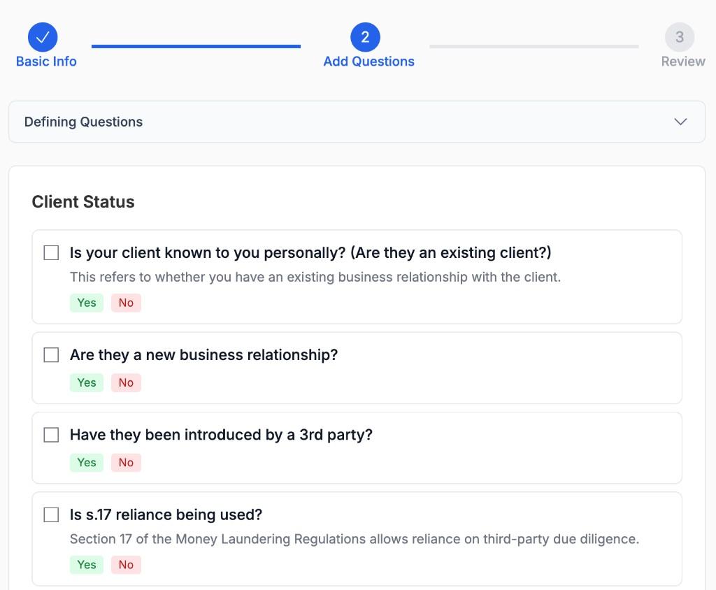 Add Questions step showing Client Status category with checkboxes to include standard library questions
