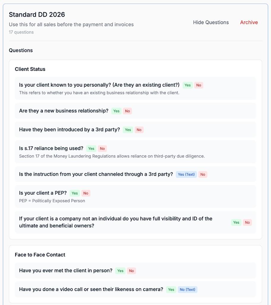 Standard DD 2026 question set showing Client Status and Face to Face Contact categories with Yes, No, and Yes (Text) answer types