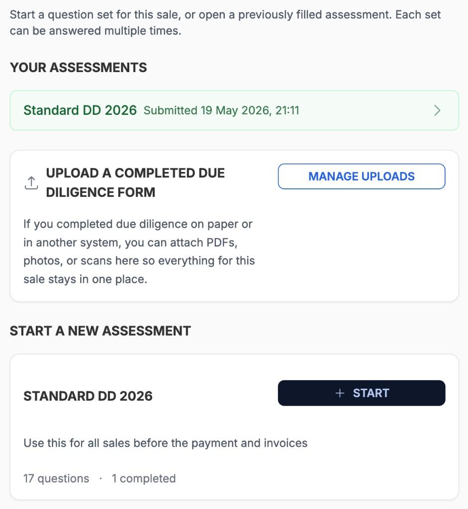 Due Diligence tab showing submitted assessment, upload completed form card, and Start button for a question set