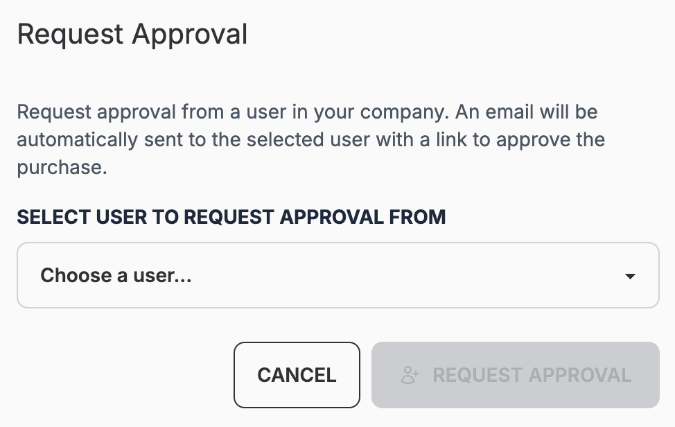 Request Approval modal on the Payment tab with user dropdown and Request Approval button