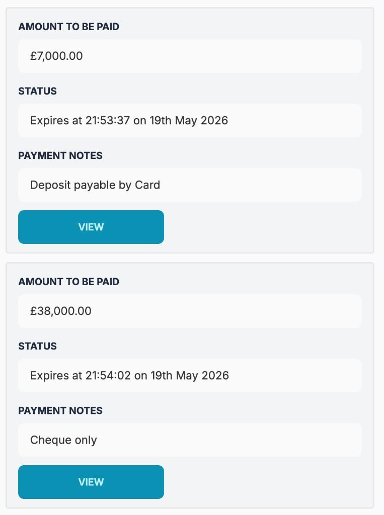 Payment tab showing two payment stages with amounts, expiry status, payment notes, and View buttons